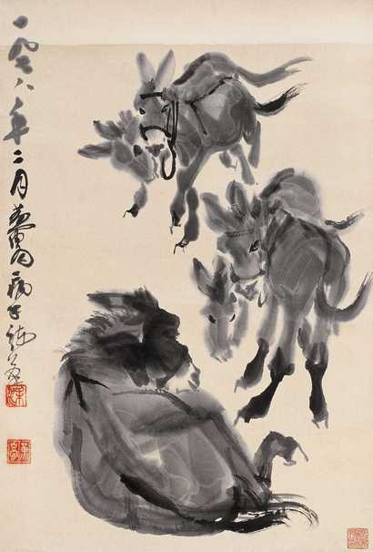 黄胄 1978年作 五驴图 立轴